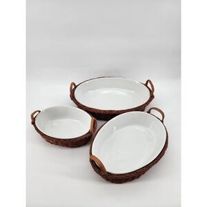 Vintage White Ceramic Oval Casserole Dishes with Woven Nesting Baskets Set of 3